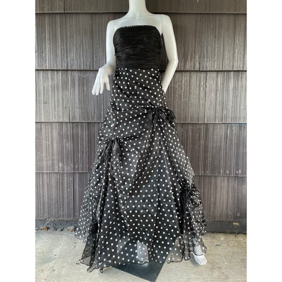🔥Y2K Strapless Pleated Polkadots Black Ball Dress Mermaid Prom Party Whimsigoth - Picture 1 of 16